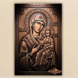 Theotokos Iveron icon STL CNC 3D relief — Orthodox icon Virgin Mary with large radiant halo cross halo Christ inscriptions and dark ornamental frame, two-tone effect, wood carving model