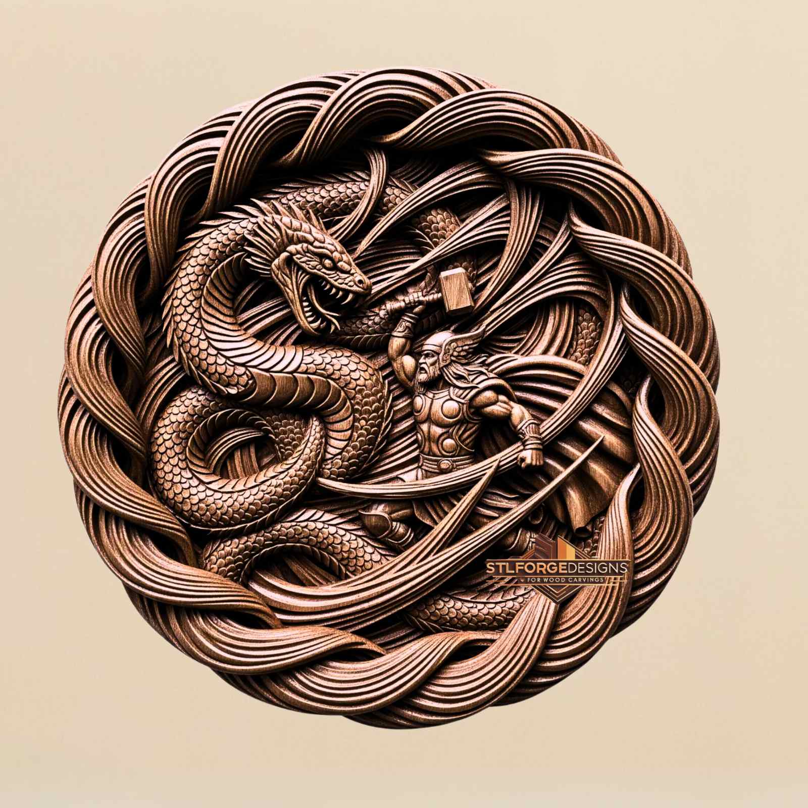STL file Thor Jormungandr wave medallion CNC — circular format waves knotwork no frame CNC-ready for Aspire ArtCAM Fusion 360