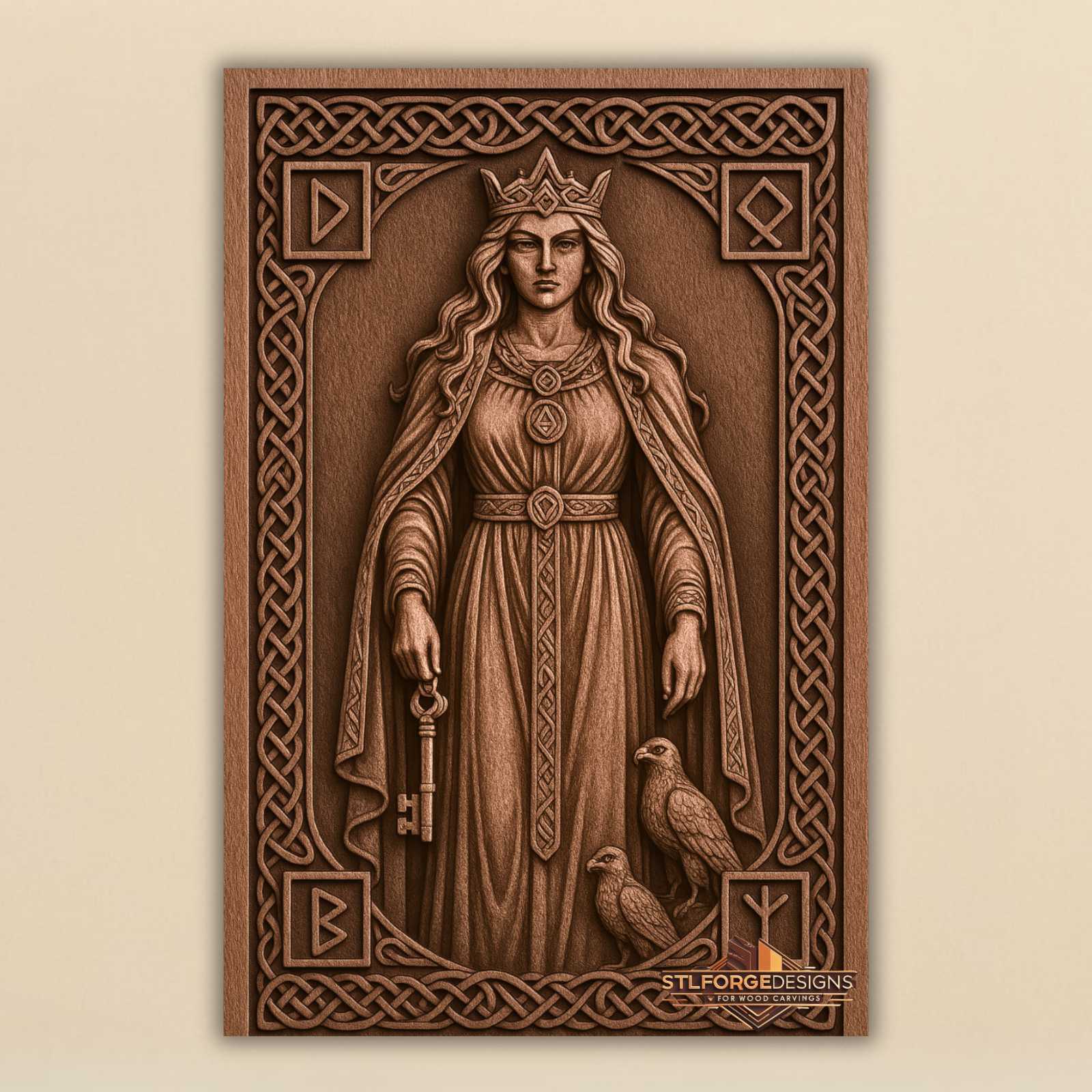 Frigg full figure falcon STL CNC wall panel — finished wood carving of Frigg full figure crown key falcon and runes in corner medallions Celtic frame, beech wood