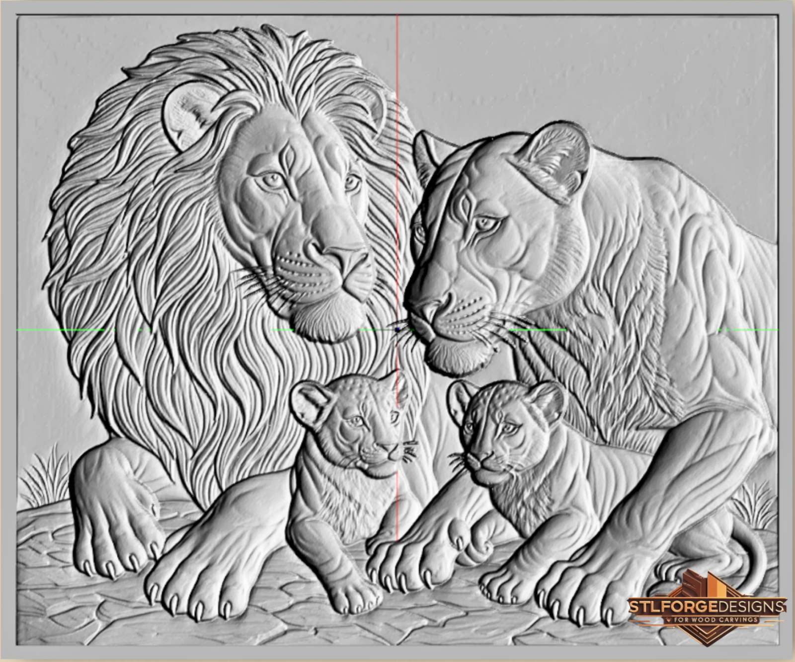 Lion lioness cubs STL CNC wall panel — finished wood carving of lion lioness and two cubs in lying intimate pose, beech wood