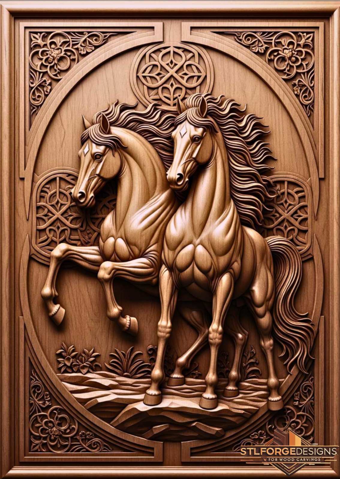 Horses celtic frame STL CNC detail — close-up of celtic knot ornament in corner with interlaced lines and floral motifs, deep 3D relief