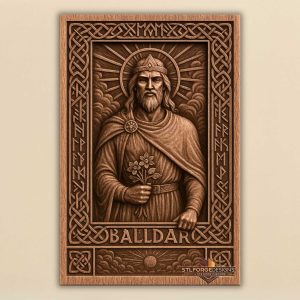 STL file Baldur Norse god CNC wood carving — BALLDAR inscription below sun in lower section runic borders CNC-ready for Aspire ArtCAM Fusion 360