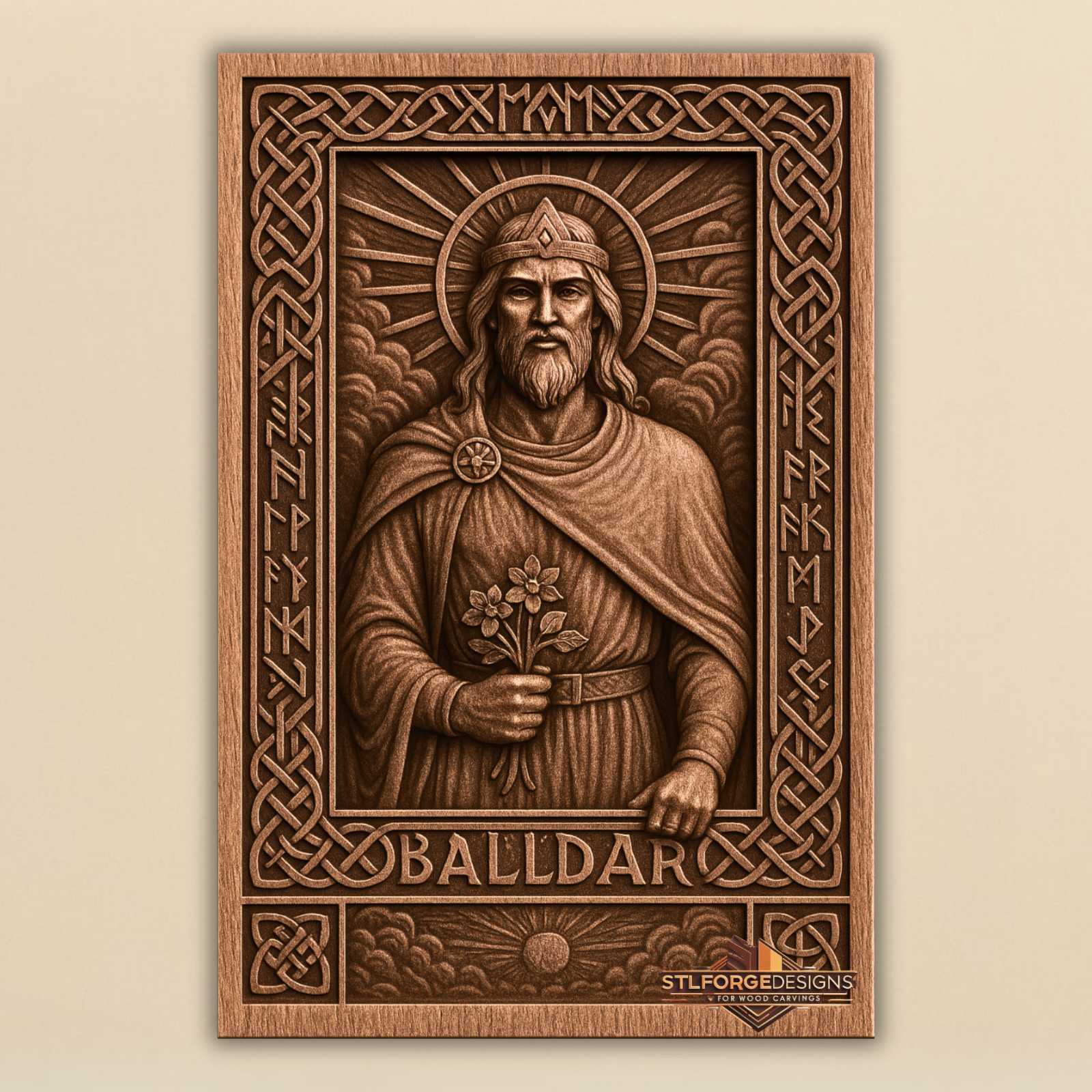 STL file Baldur Norse god CNC wood carving — BALLDAR inscription below sun in lower section runic borders CNC-ready for Aspire ArtCAM Fusion 360