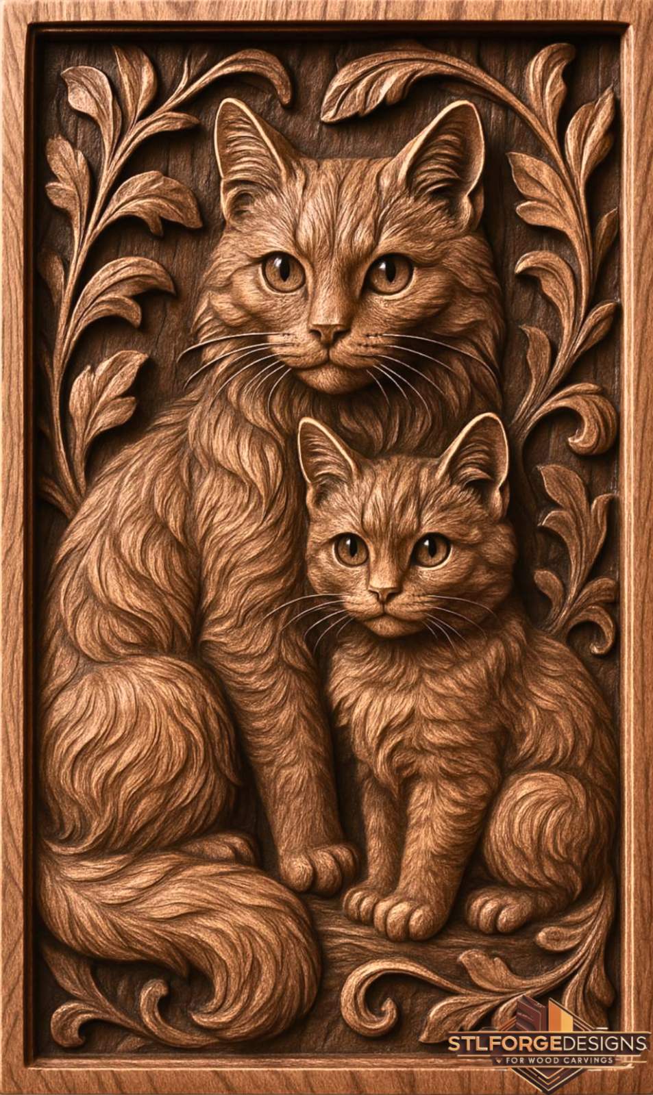 STL файл – Котка с коте | 3D релеф за CNC | Модел за дърворезба | Котка STL - Image 2