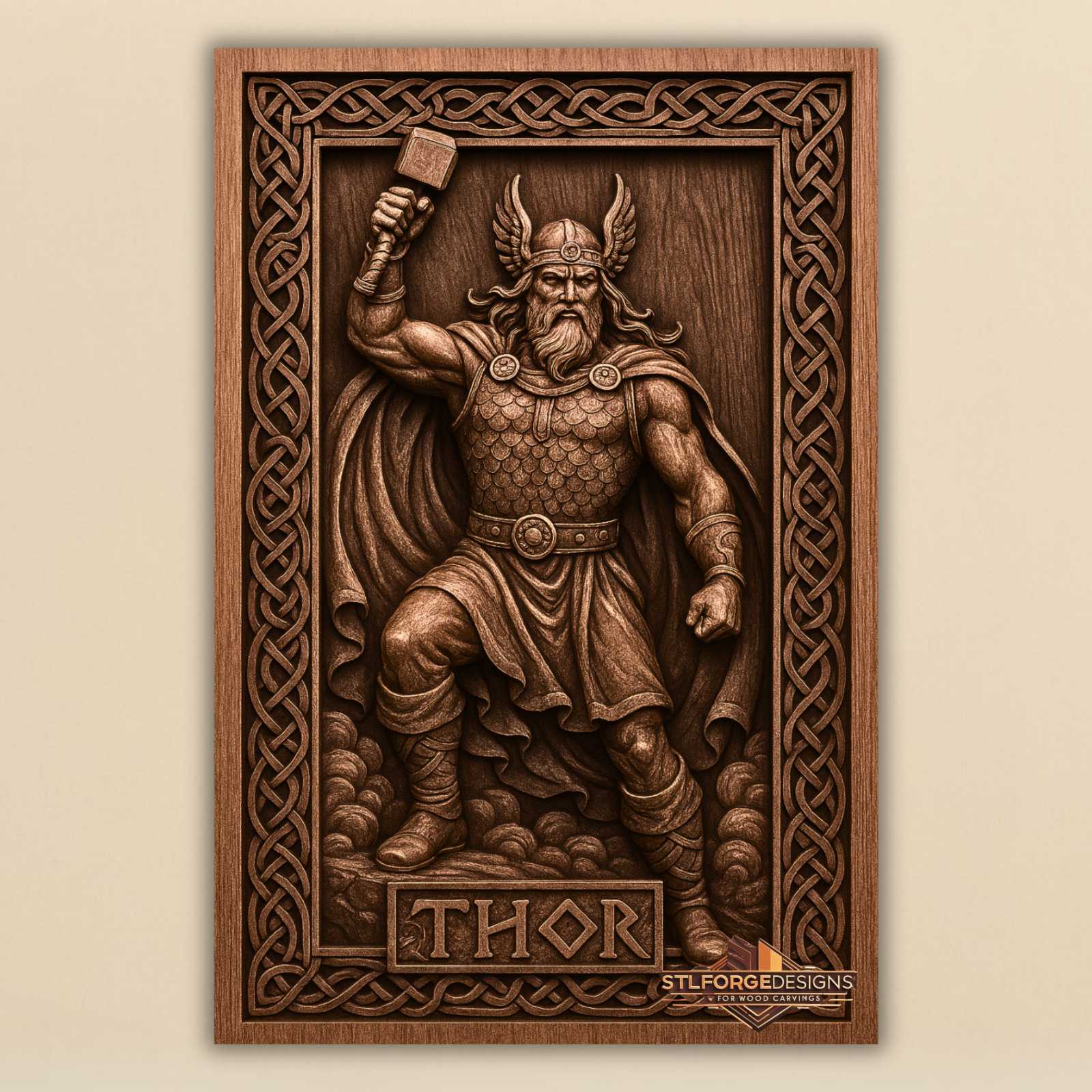 Thor name full figure STL CNC wall panel — finished wood carving of Thor full figure scale armor THOR inscription and rich Celtic frame, beech wood