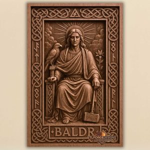 STL file Baldur throne eagle CNC wood carving — BALDR inscription below Mjolnir at feet Celtic knotwork frame CNC-ready for Aspire ArtCAM Fusion 360