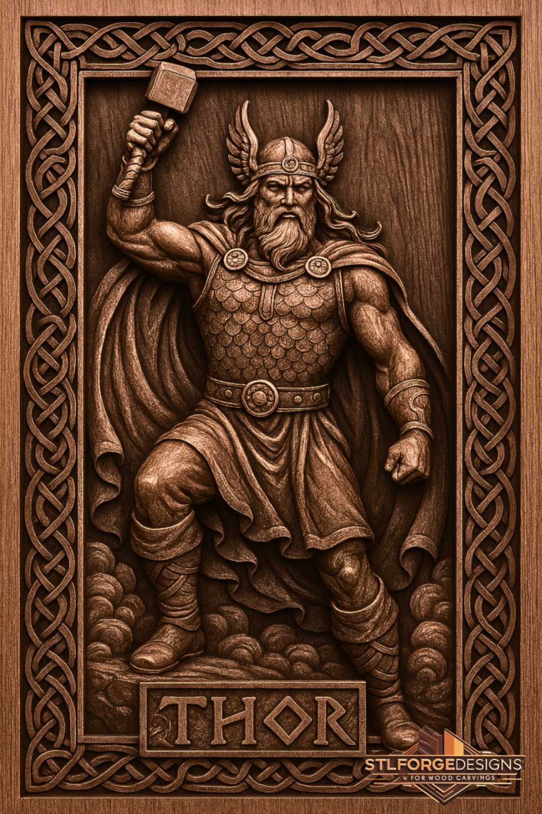 Thor name full figure STL CNC detail — close-up of scale armor with detailed individual scales and winged helmet with Mjolnir raised, deep 3D relief
