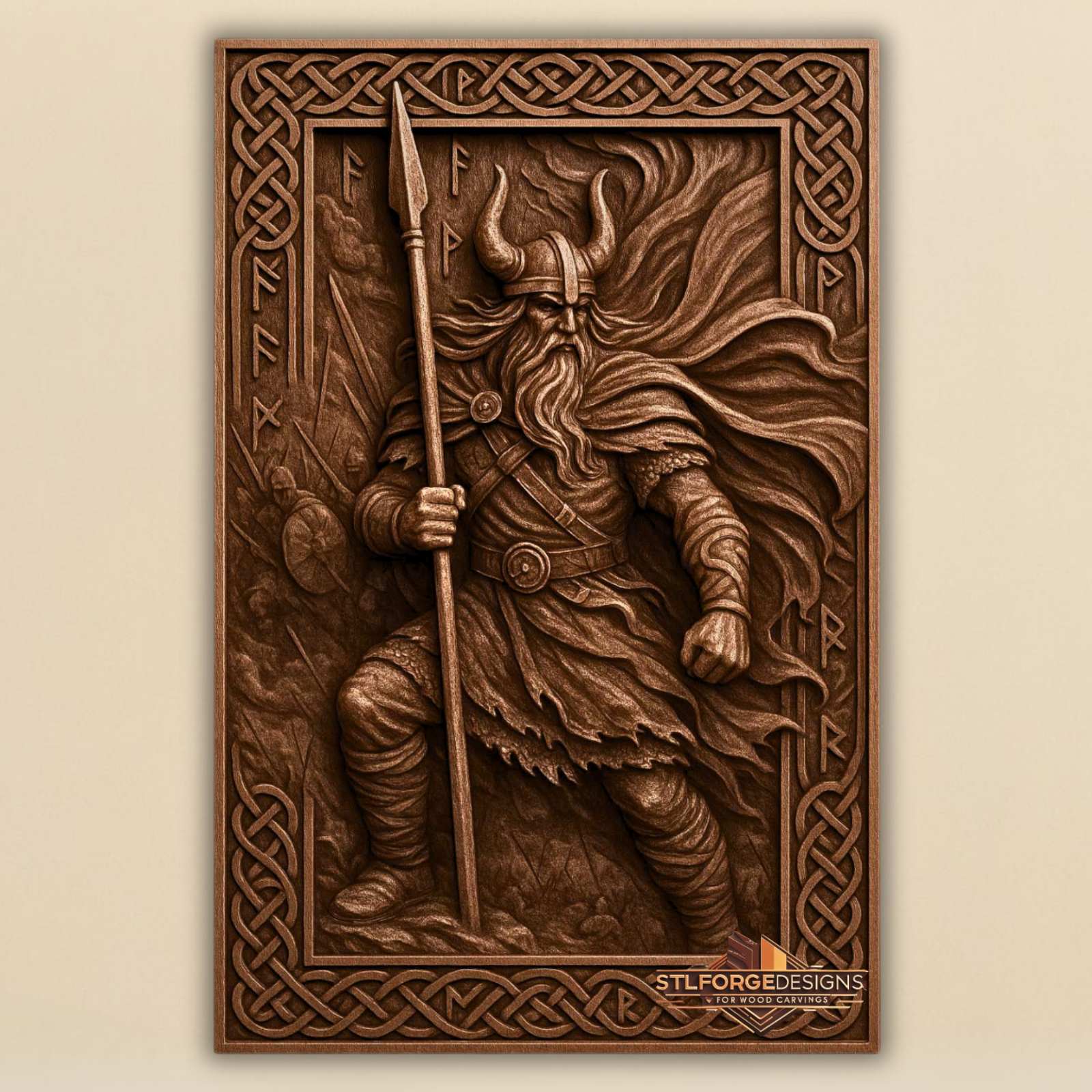 STL file Odin battle Norse CNC — runic borders four sides Celtic frame Viking army diagonal CNC-ready for Aspire ArtCAM Fusion 360