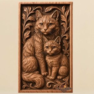 Котка коте STL CNC 3D релеф — майка котка с малко коте сред акантови листа, детайлна козина, модел за дърворезба
