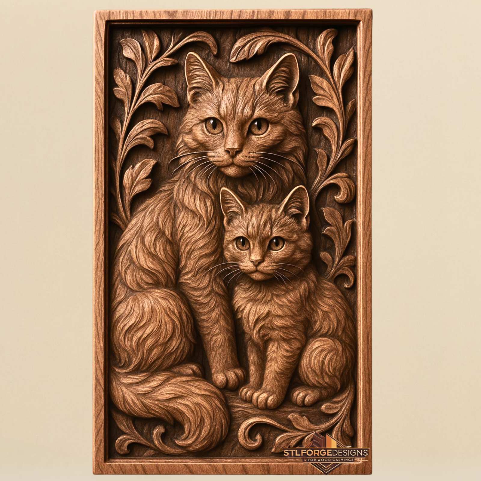 Котка коте STL CNC 3D релеф — майка котка с малко коте сред акантови листа, детайлна козина, модел за дърворезба