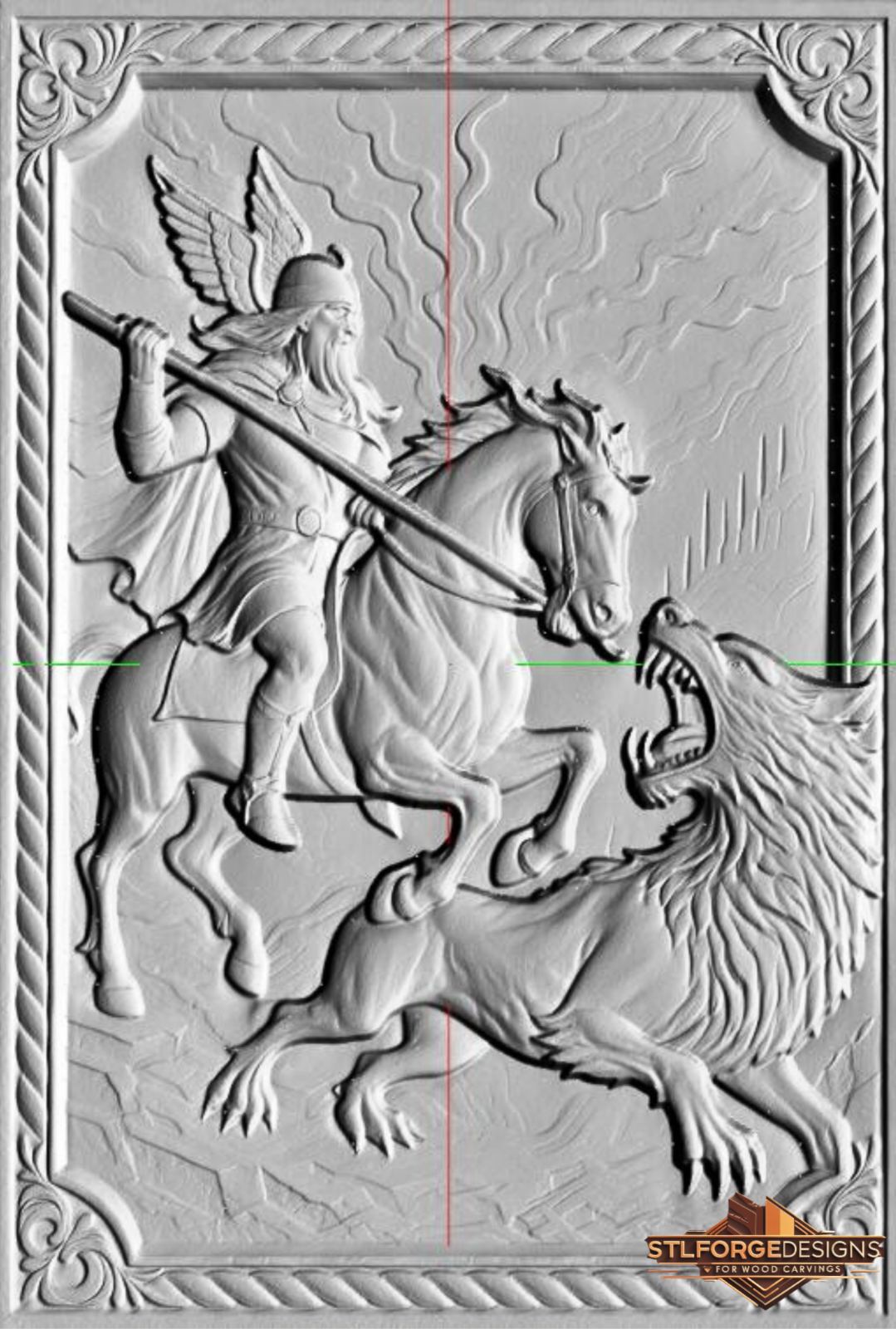 STL file Odin Sleipnir Fenrir CNC — Norse Ragnarok scene fire wolf horse rope frame CNC-ready for Aspire ArtCAM Fusion 360