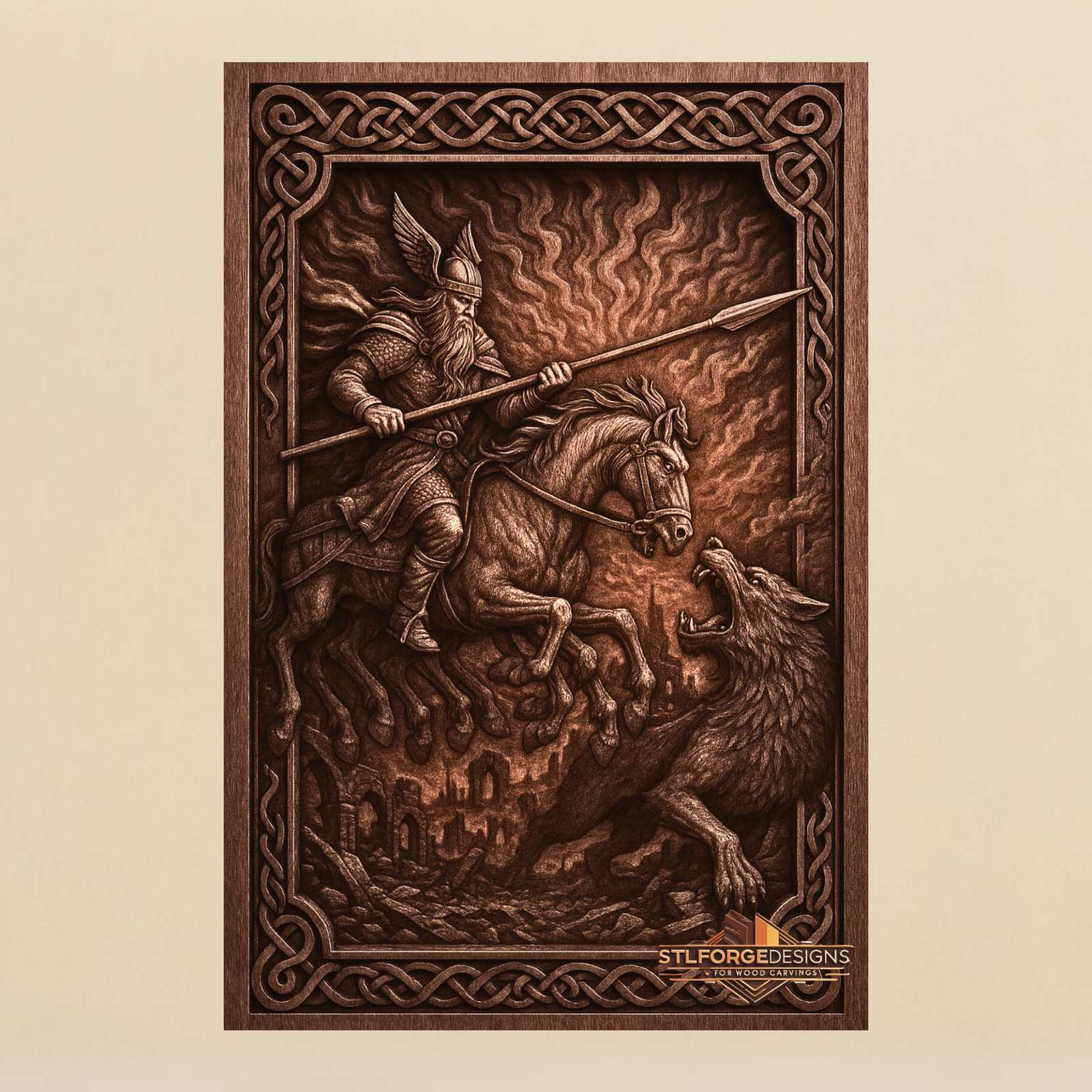Odin Sleipnir Fenrir fire background STL CNC router 3D relief — Norse Odin on Sleipnir with Gungnir against Fenrir realistic fiery background destroyed buildings below and Celtic knotwork frame wood carving model