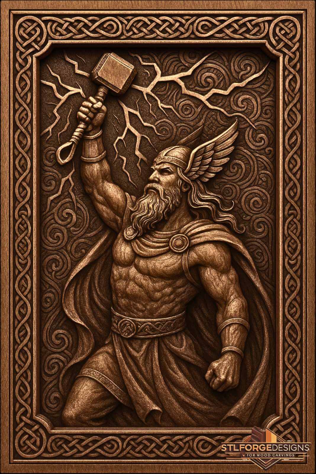 STL file Thor bare chest vortex background CNC — Celtic vortex background lightning bare torso Celtic frame CNC-ready for Aspire ArtCAM Fusion 360