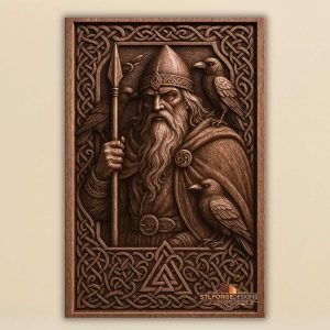 Odin ravens viking STL CNC wall panel — finished wood carving of Odin ravens spear and Celtic frame Norse mythology, beech wood