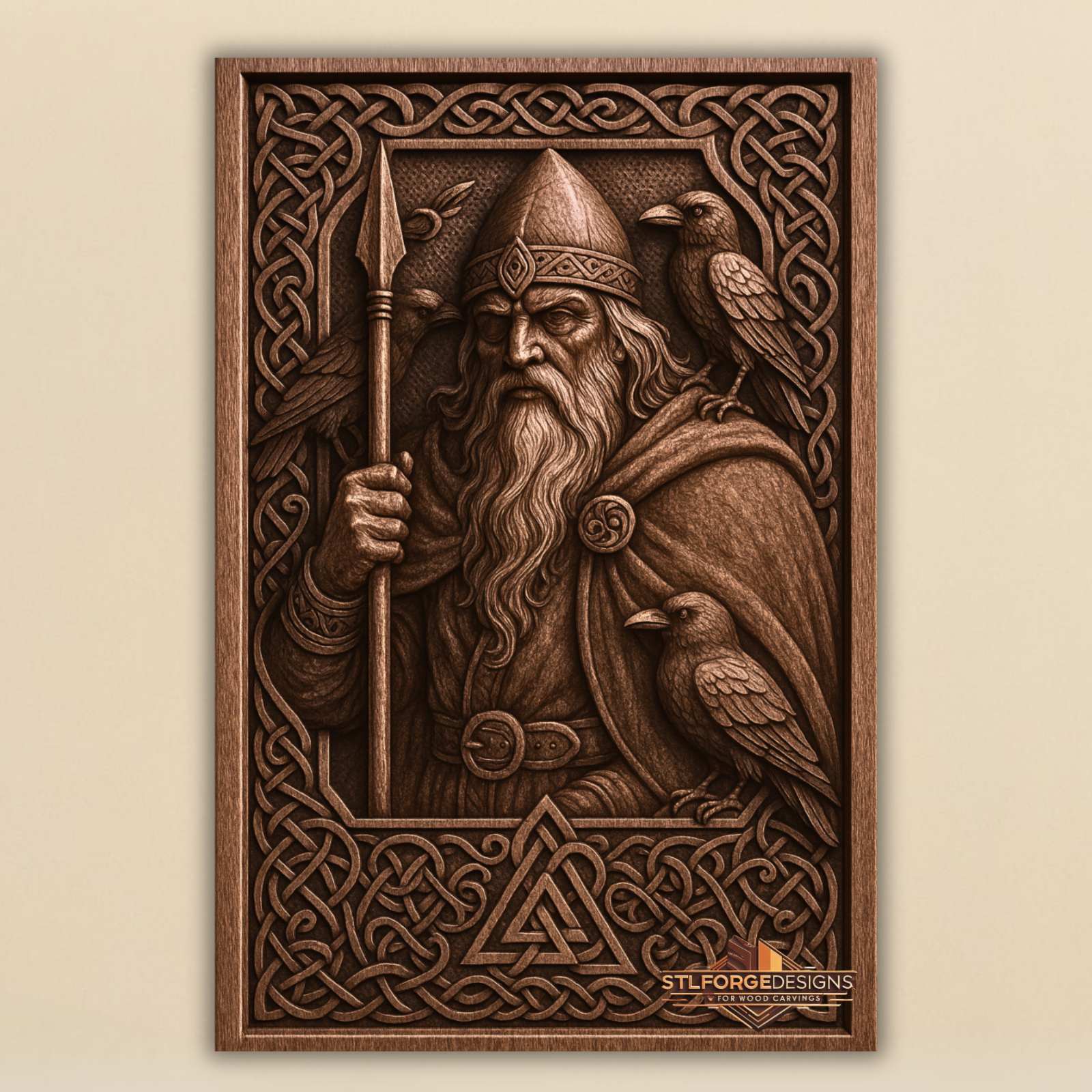 Odin ravens viking STL CNC wall panel — finished wood carving of Odin ravens spear and Celtic frame Norse mythology, beech wood