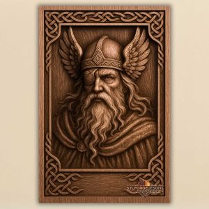 Odin one eye portrait STL CNC wall panel — finished wood carving of Odin portrait winged helmet one eye and Celtic frame Norse mythology, beech wood