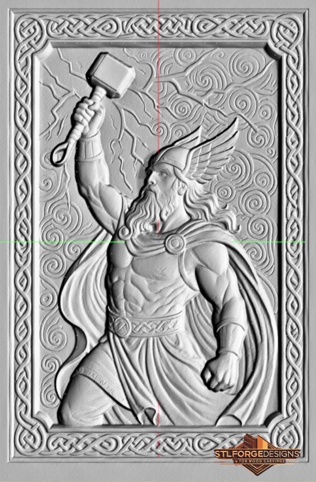 Detail STL CNC Thor bare chest vortex Norse — bare muscular torso Mjolnir lightning Celtic vortex spiral background winged helmet and Celtic belt with ornament