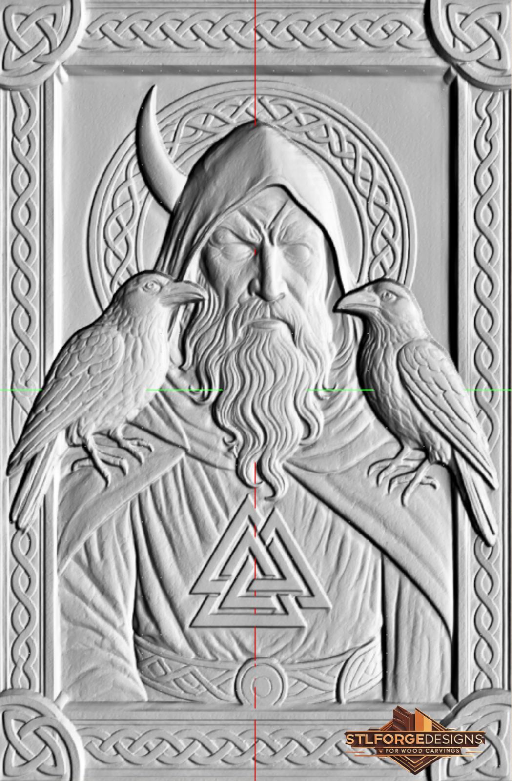 Detail STL CNC Odin wanderer ravens Norse — hood with horn two ravens Huginn Muninn on shoulders Valknut three interlocked triangles Celtic arch and frame ornamental corners