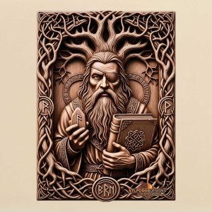 Odin eye patch rune stone STL CNC router 3D relief — Norse god Odin with eye patch rune stone in right hand Norse book with Celtic ornament left Yggdrasil branches above runic circle and Celtic knotwork frame wood carving model