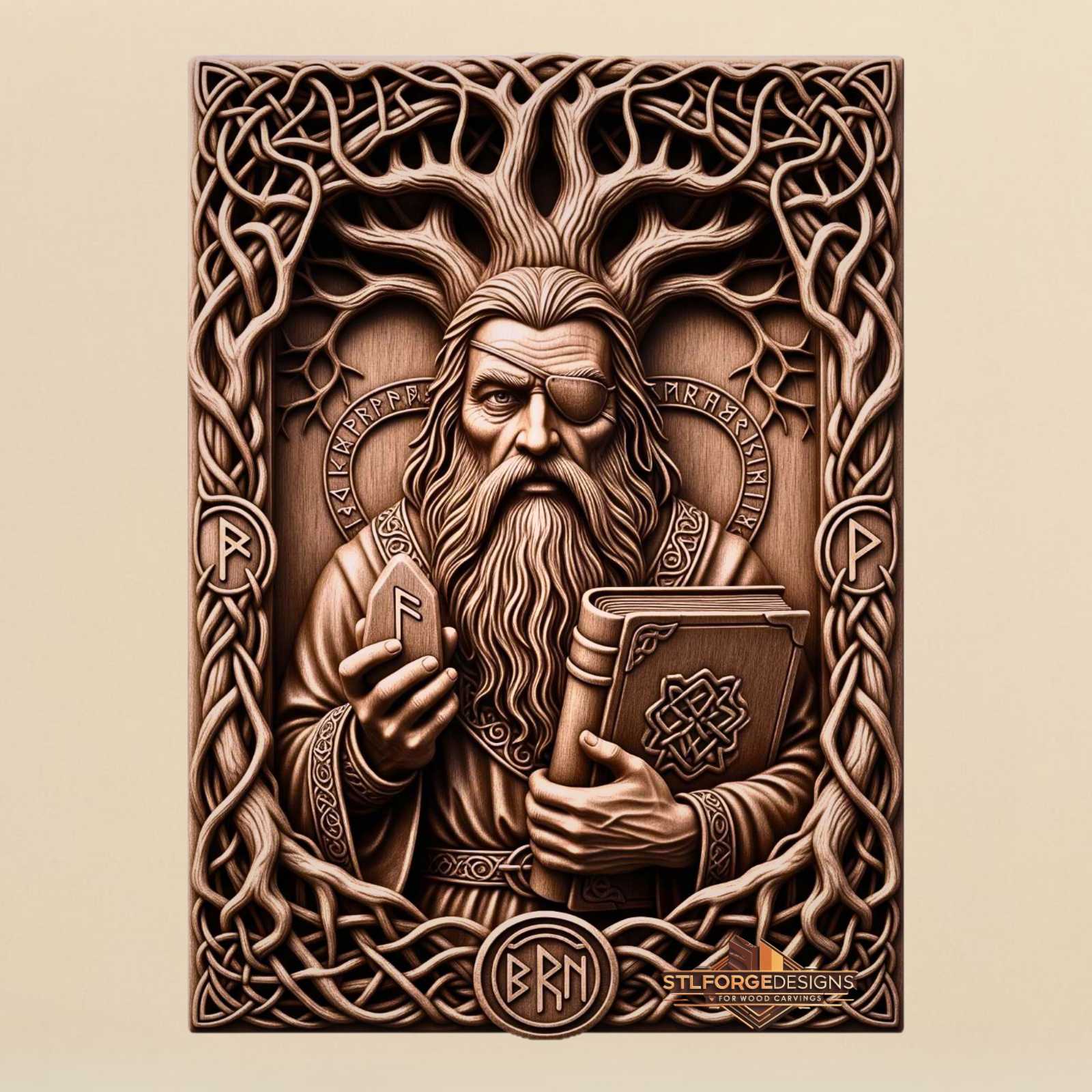 Odin eye patch rune stone STL CNC router 3D relief — Norse god Odin with eye patch rune stone in right hand Norse book with Celtic ornament left Yggdrasil branches above runic circle and Celtic knotwork frame wood carving model