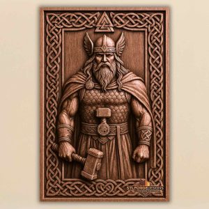 STL file Thor Guardian CNC wood carving — valknut top Celtic knotwork frame symmetrical frontal pose CNC-ready for Aspire ArtCAM Fusion 360