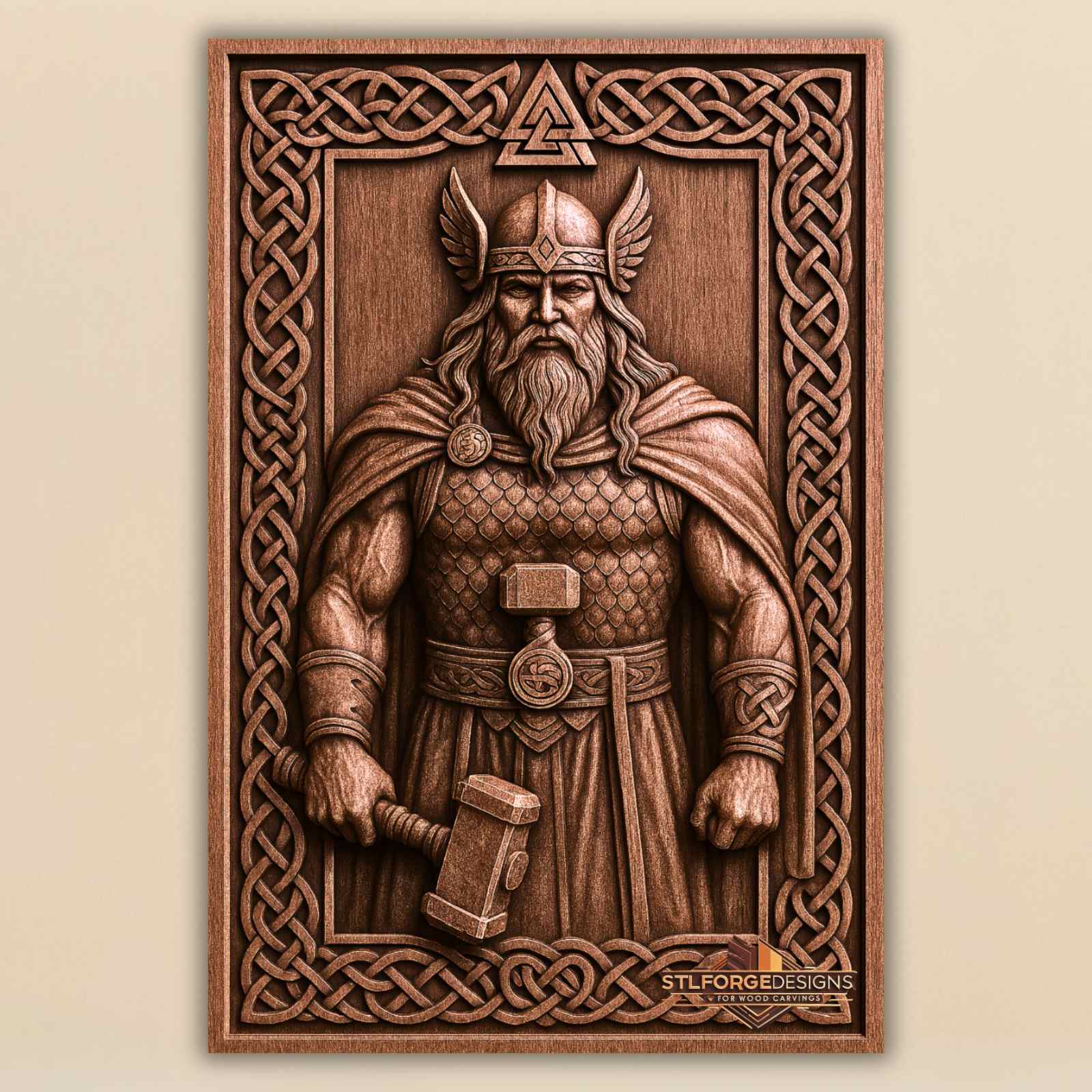 STL file Thor Guardian CNC wood carving — valknut top Celtic knotwork frame symmetrical frontal pose CNC-ready for Aspire ArtCAM Fusion 360