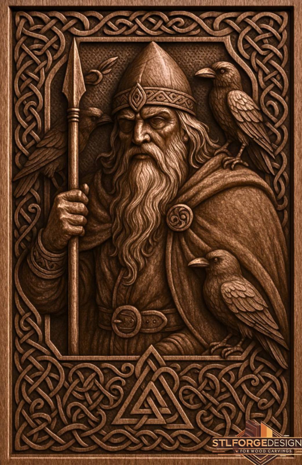 Close-up detail of Odin with two ravens and spear in Norse mythology wood carving STL model
