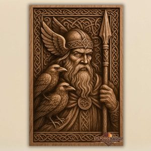 Odin helmet portrait STL CNC wall panel — finished wood carving of Odin Viking helmet ravens spear Celtic frame Norse mythology, beech wood