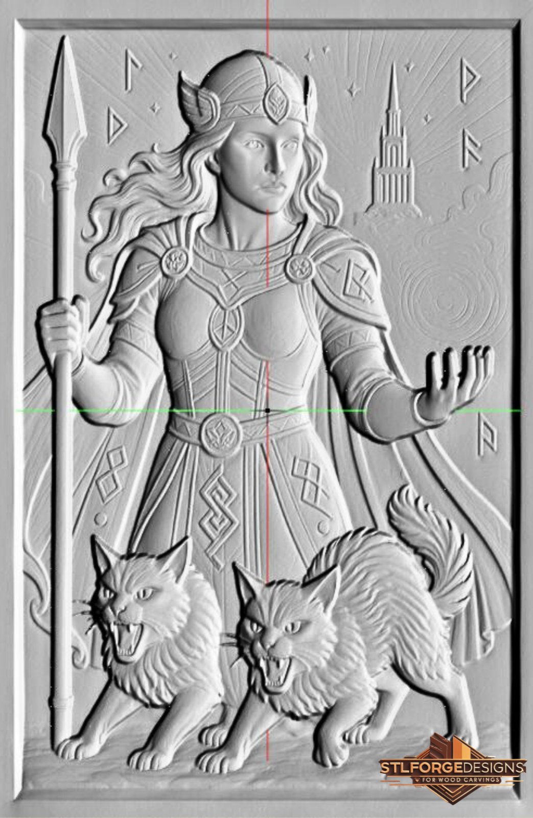 Freya warrior CNC model detail — wood relief with goddess in battle armor, runes and three snarling cats, high resolution STL