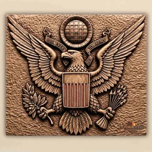 Great Seal USA STL CNC 3D relief — official US crest with eagle shield stripes laurel branch arrows and banners on textured background, wood carving model