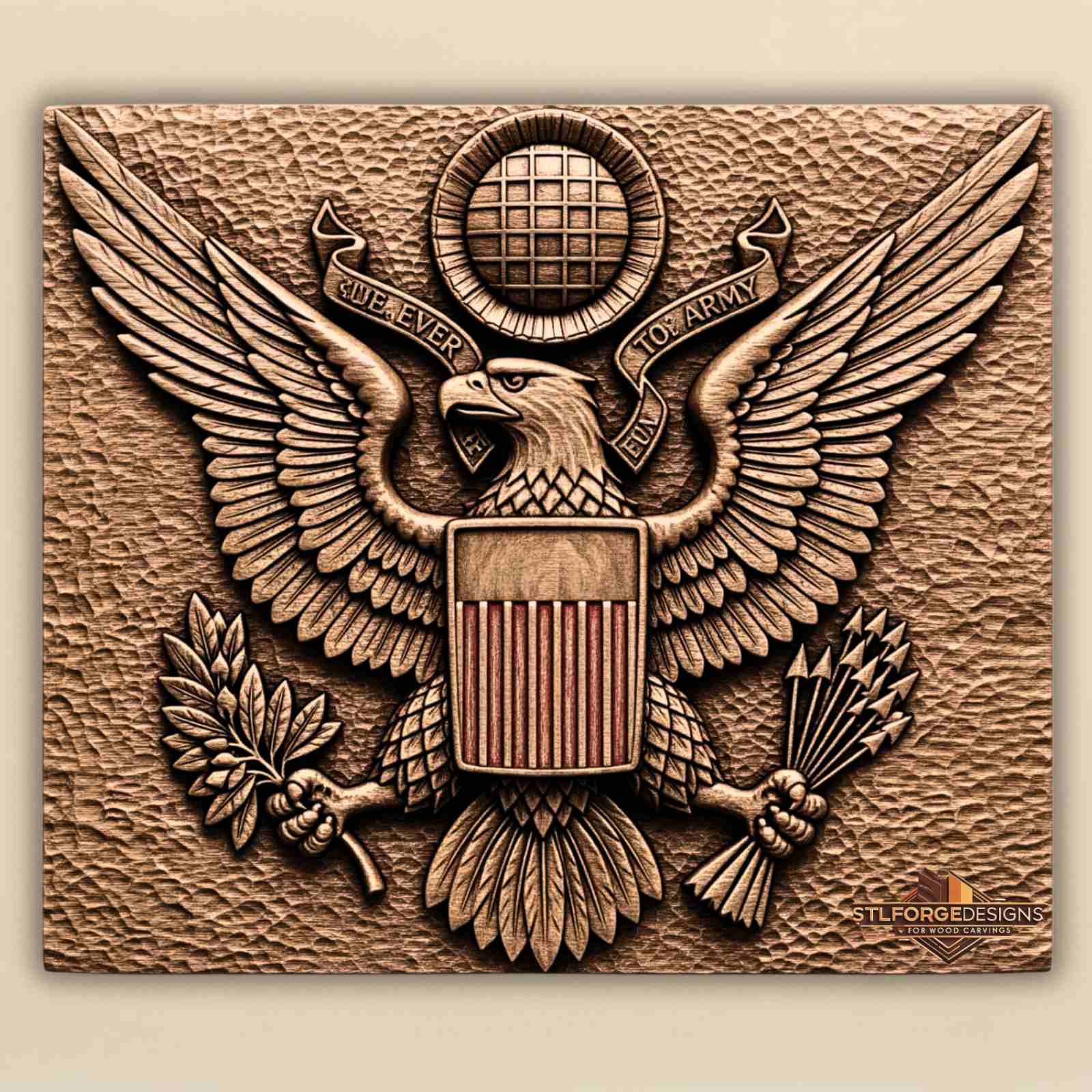 Велик печат USA STL CNC 3D релеф — официален герб на САЩ с орел щит с ивици лавров клон стрели и банери, текстуриран фон, модел за дърворезба