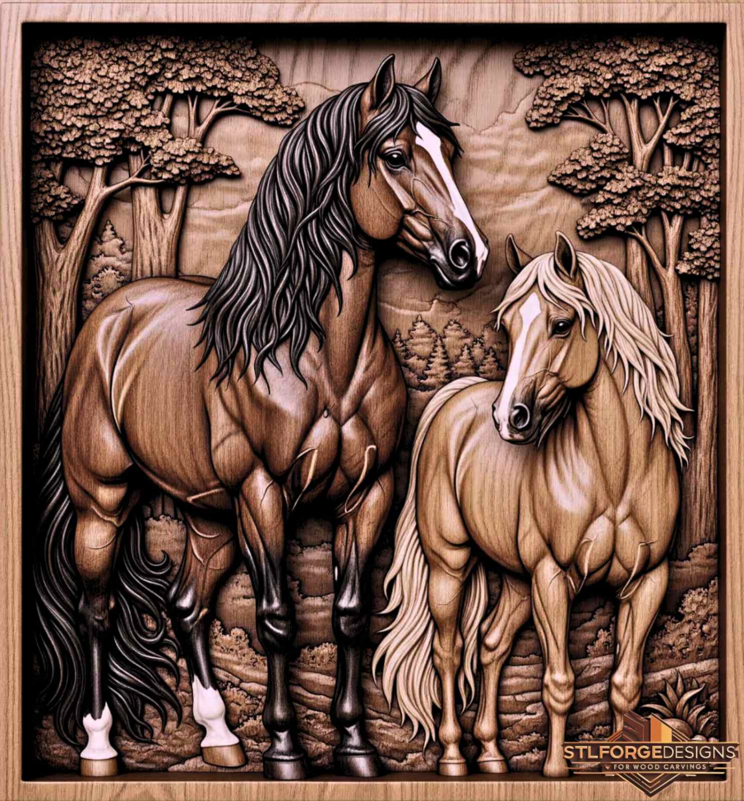 Dark light horse forest STL CNC detail — close-up of contrast between black and white mane with detailed strands, deep 3D relief with forest background