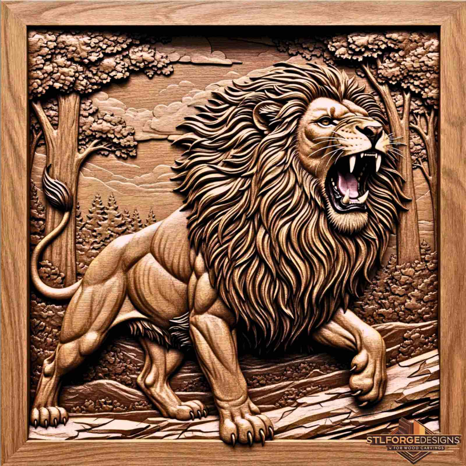 lion CNC wood carving forest scene trees rocks square panel STL file