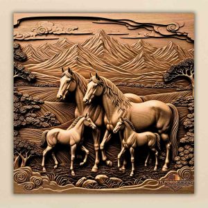 Horse family Asian landscape STL CNC wall panel — finished wood carving of horse family in Asian mountain landscape with clouds, beech wood