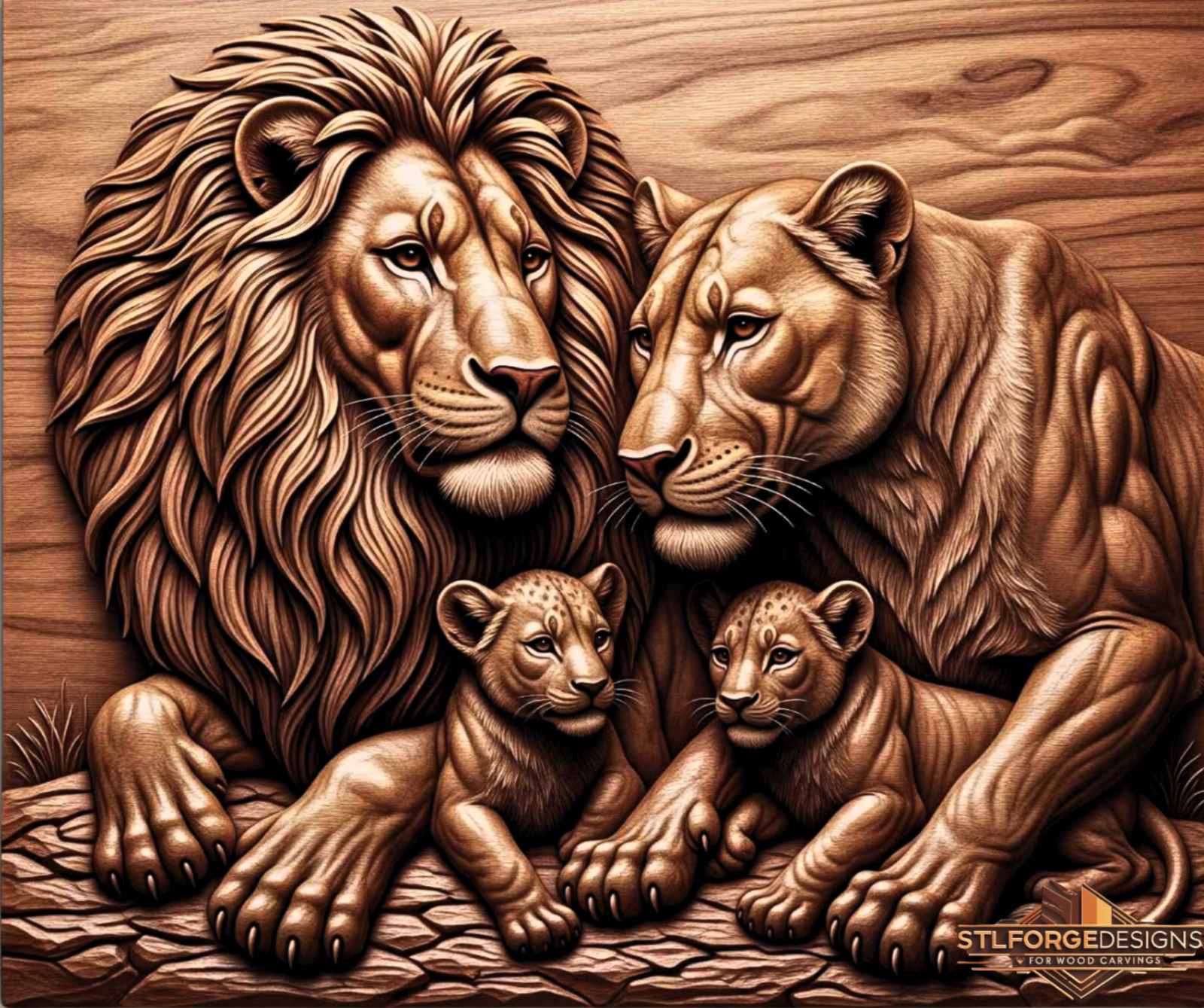Lion lioness cubs STL CNC detail — close-up of cubs between parents paws with spotted fur detail, deep 3D relief texture