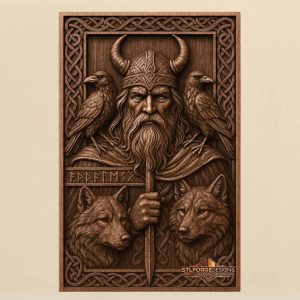Odin Ravens Wolves STL CNC wall panel — Viking wood carving featuring Odin, ravens, wolves, and rune symbols on solid beech wood
