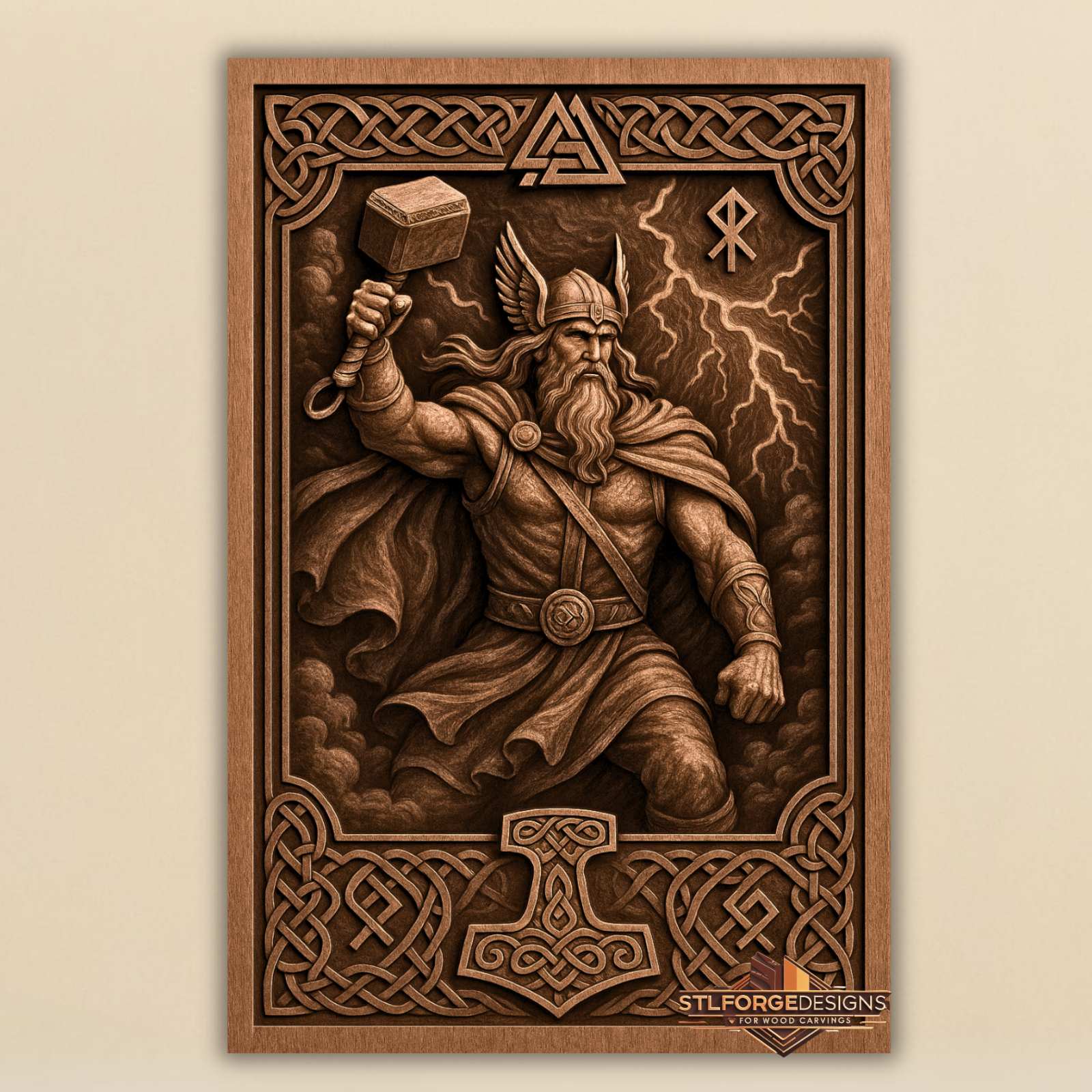 Thor valknut Mjolnir symbol STL CNC wall panel — finished wood carving of Thor lightning Valknut Othala rune and Mjolnir symbol in Celtic frame, beech wood