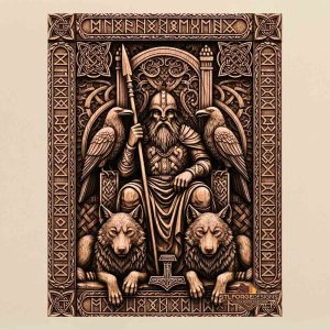 Odin throne Mjolnir bottom STL CNC router 3D relief — Norse god Odin on throne with Gungnir two ravens on armrests two wolves below Mjolnir in lower central panel runic borders top and bottom Norse geometric frame wood carving model