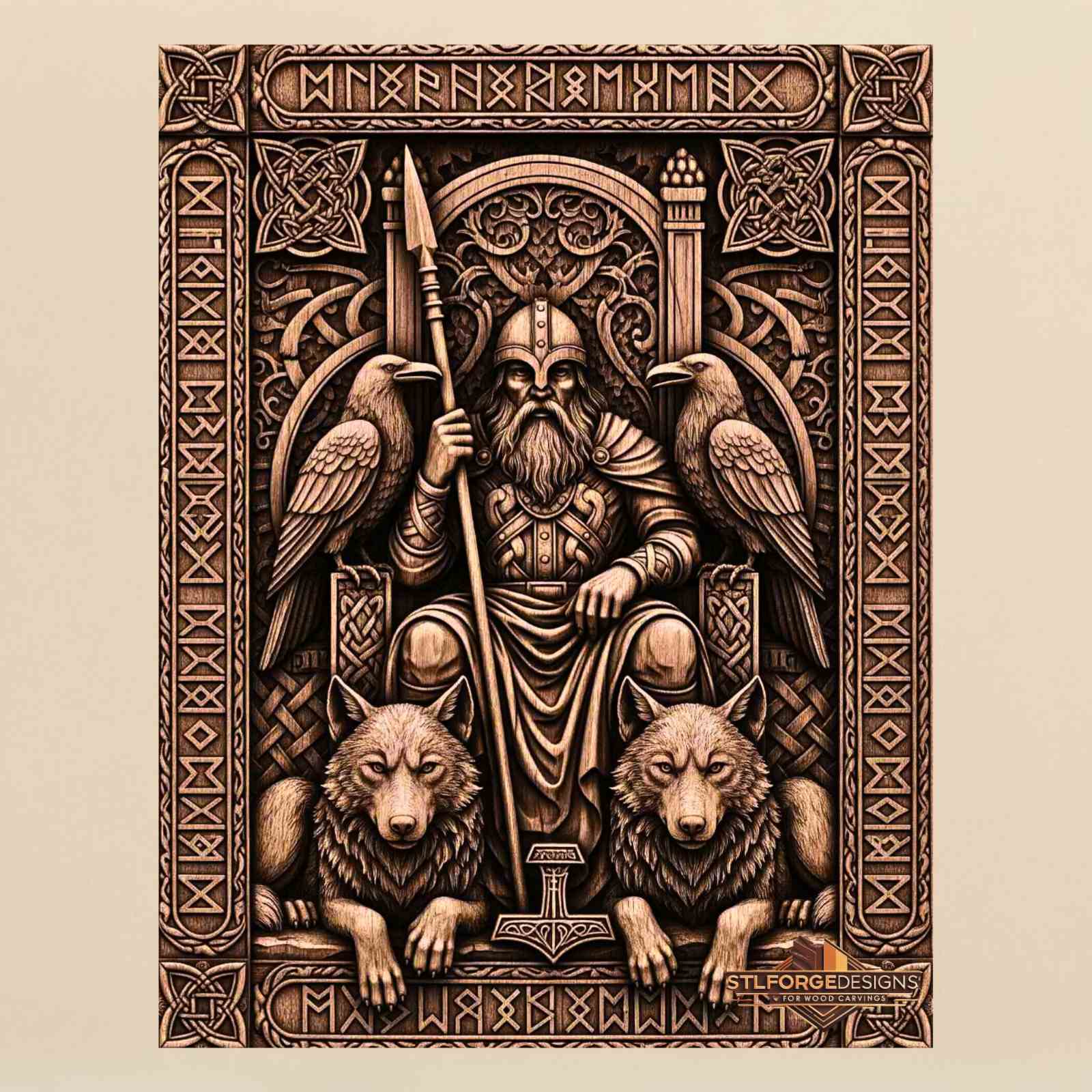 Odin throne Mjolnir bottom STL CNC router 3D relief — Norse god Odin on throne with Gungnir two ravens on armrests two wolves below Mjolnir in lower central panel runic borders top and bottom Norse geometric frame wood carving model