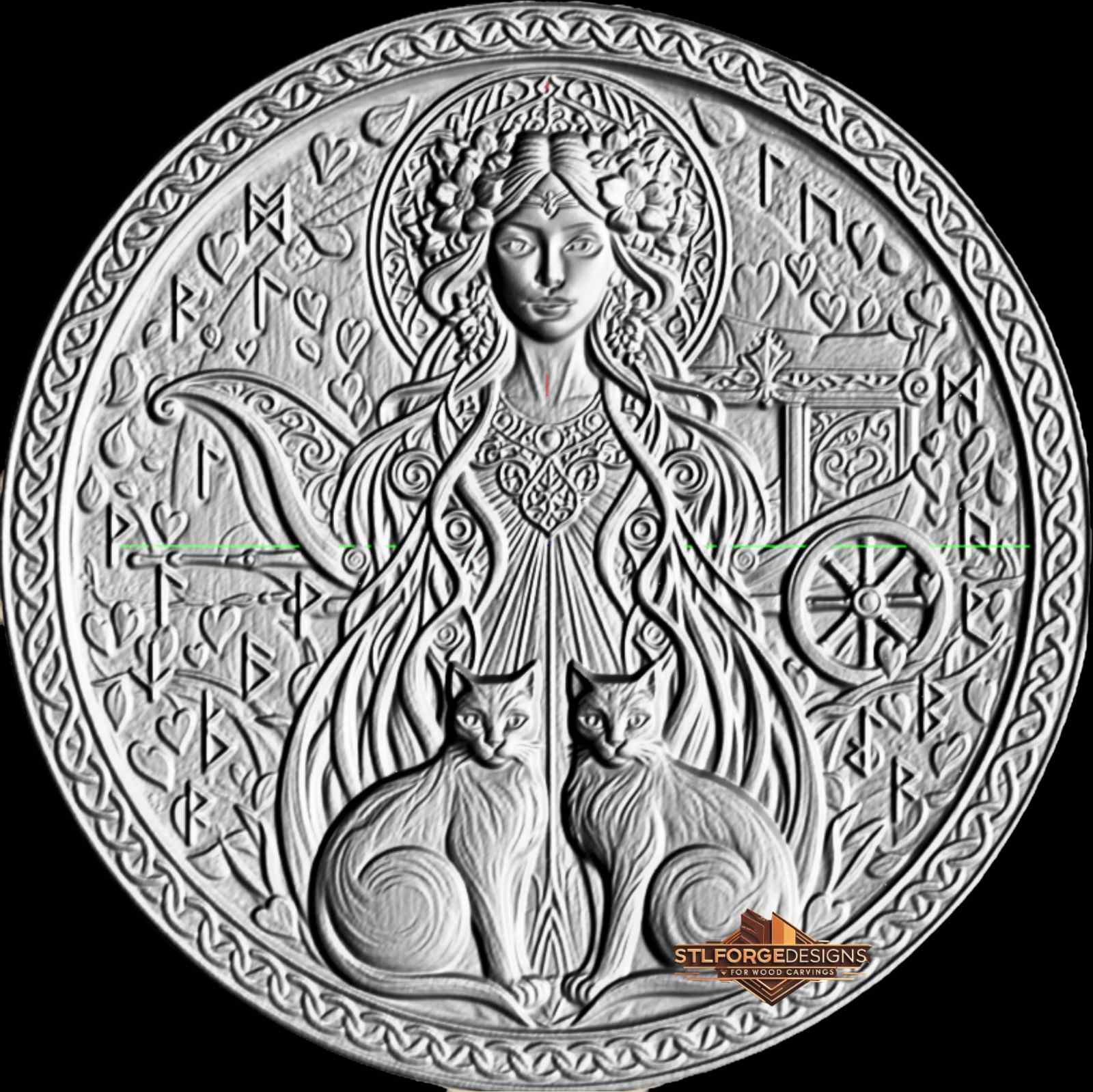 Detail STL CNC Freya Norse goddess — flower crown in hair Celtic ornament on chest two cats before her chariot right bow left hearts and runes scattered