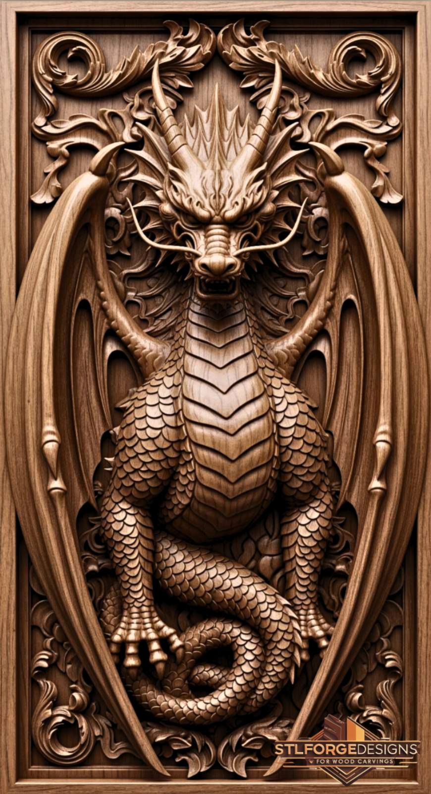 Western Dragon STL File – 3D Relief CNC Wood Carving | Fantasy Dragon Baroque Frame | Wall Panel - Image 3
