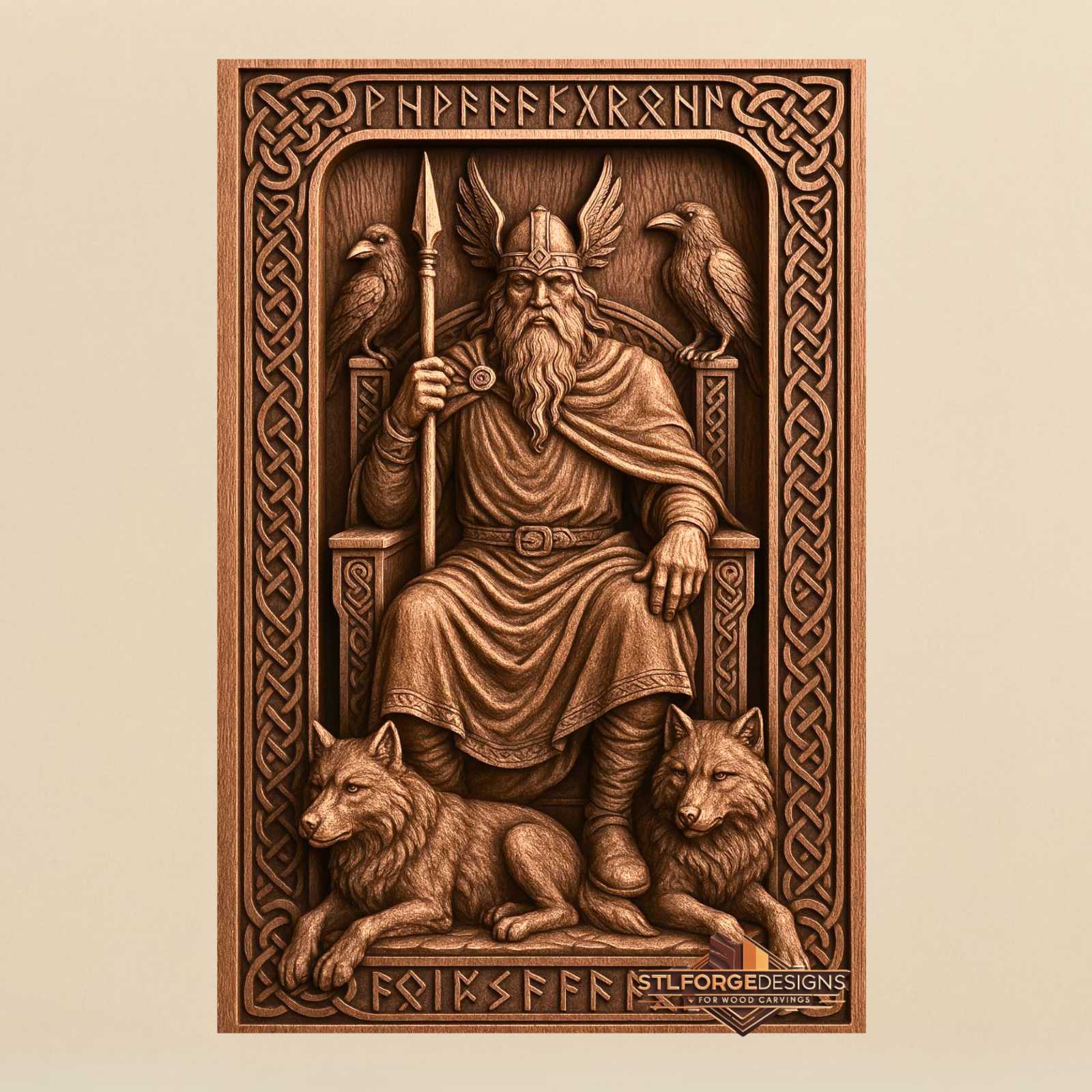 STL file Odin throne ravens wolves CNC — runic borders top and bottom Celtic knotwork frame Huginn Muninn Geri Freki CNC-ready for Aspire ArtCAM Fusion 360