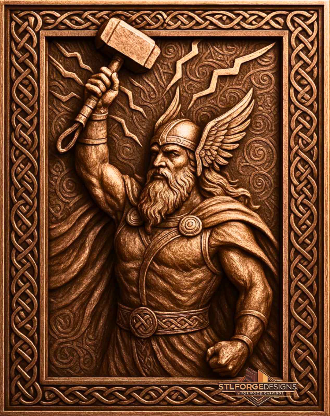 STL file Thor attacking diagonal Mjolnir CNC — spiral ornamental background Celtic frame square format CNC-ready for Aspire ArtCAM Fusion 360