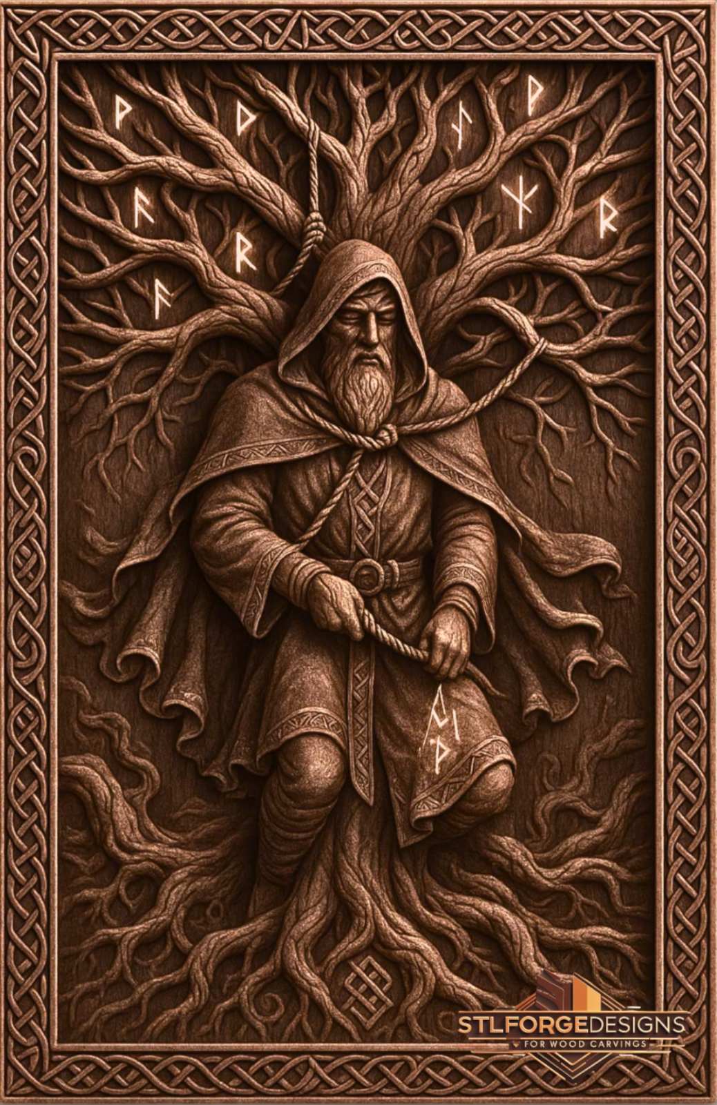 Detail STL CNC Odin shaman Norse — hood cloak with Norse ornaments runes glowing in Yggdrasil branches Norse symbol in roots below Celtic knotwork frame