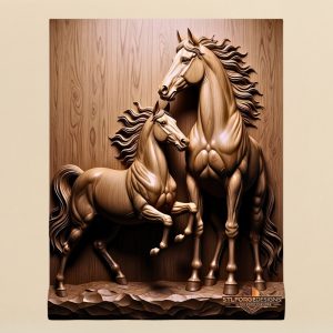 Mare foal STL CNC 3D relief — large mare with flowing mane towering over her small foal in modern sculptural style no frame, wood carving model