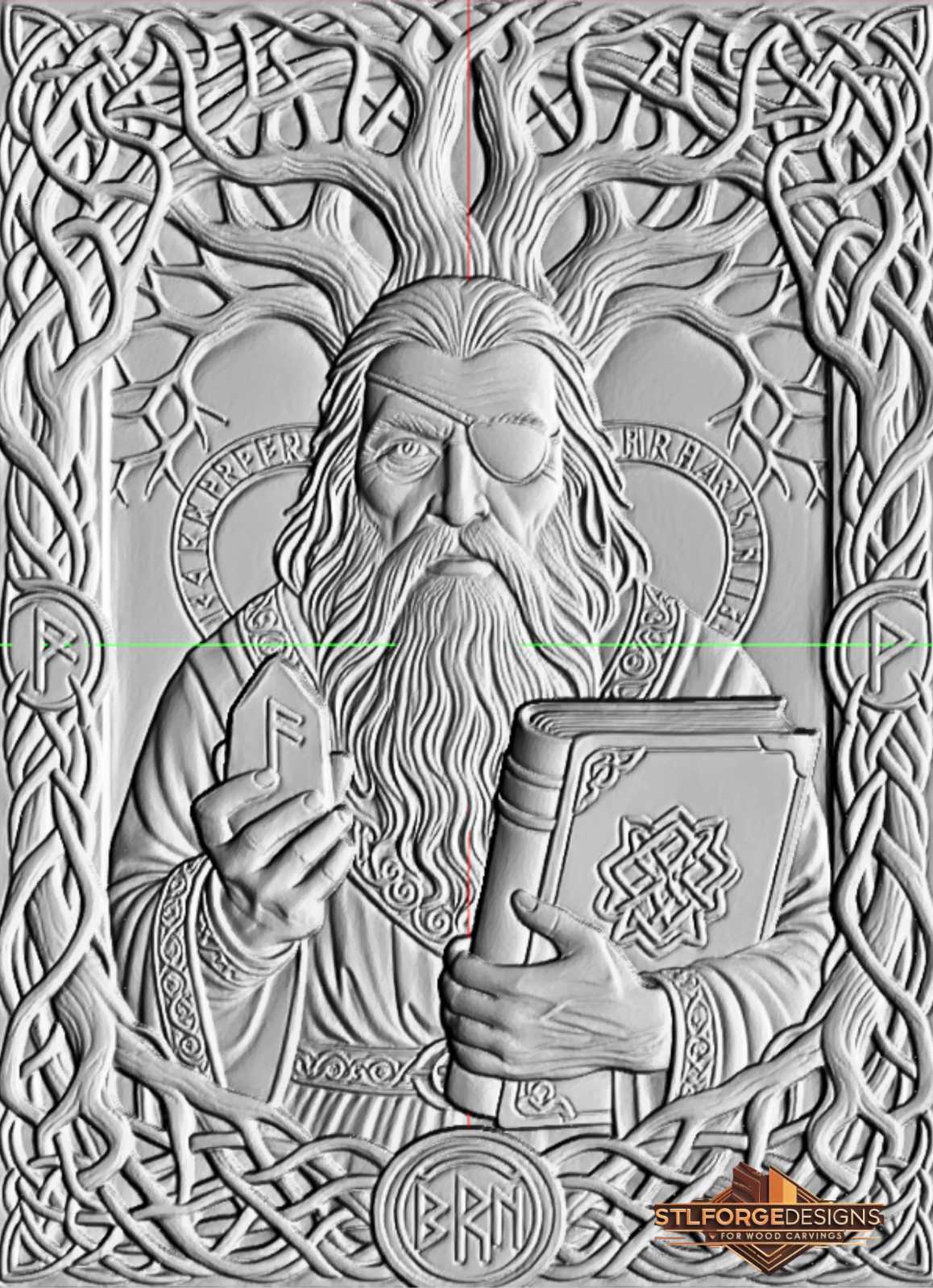 Detail STL CNC Odin eye patch rune stone Norse — eye patch on right eye realistic face with wrinkles rune stone book with Celtic ornament Yggdrasil branches runic circle