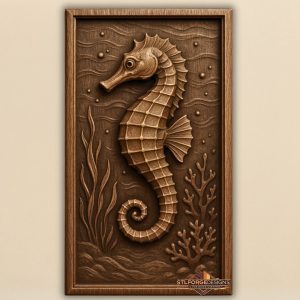 Seahorse STL CNC 3D relief — seahorse with seaweed coral and waves in underwater scene, detailed bone plates, wood carving model