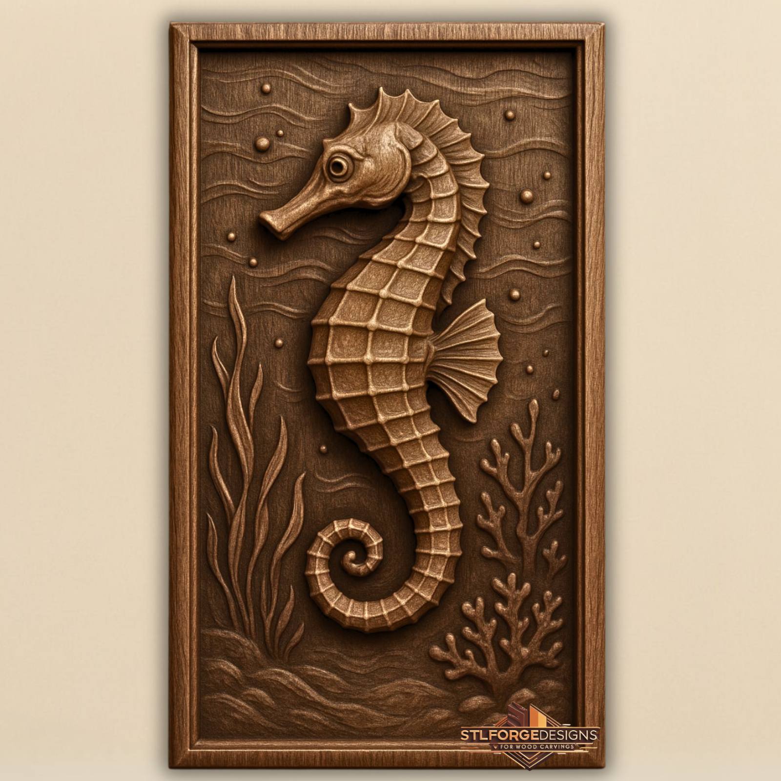 Seahorse STL CNC 3D relief — seahorse with seaweed coral and waves in underwater scene, detailed bone plates, wood carving model