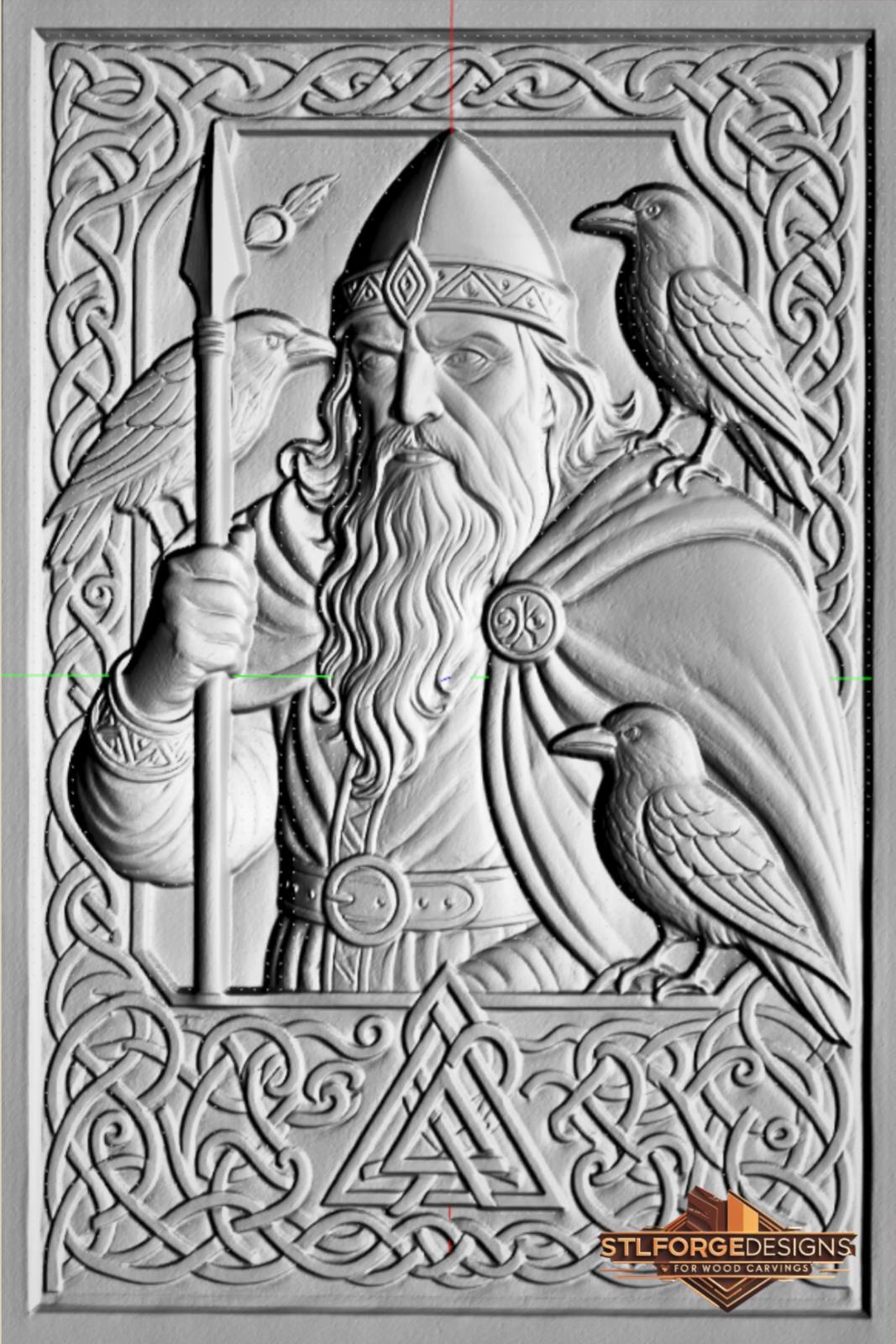 Odin ravens viking STL CNC detail — close-up of Celtic knotwork frame with valknut symbol at bottom and detailed face of Odin, deep 3D relief