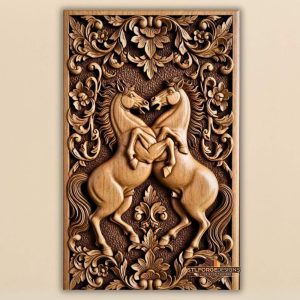 Rearing horses baroque STL CNC 3D relief — two horses rearing in mirror pose with baroque floral frame and textured background, wood carving model